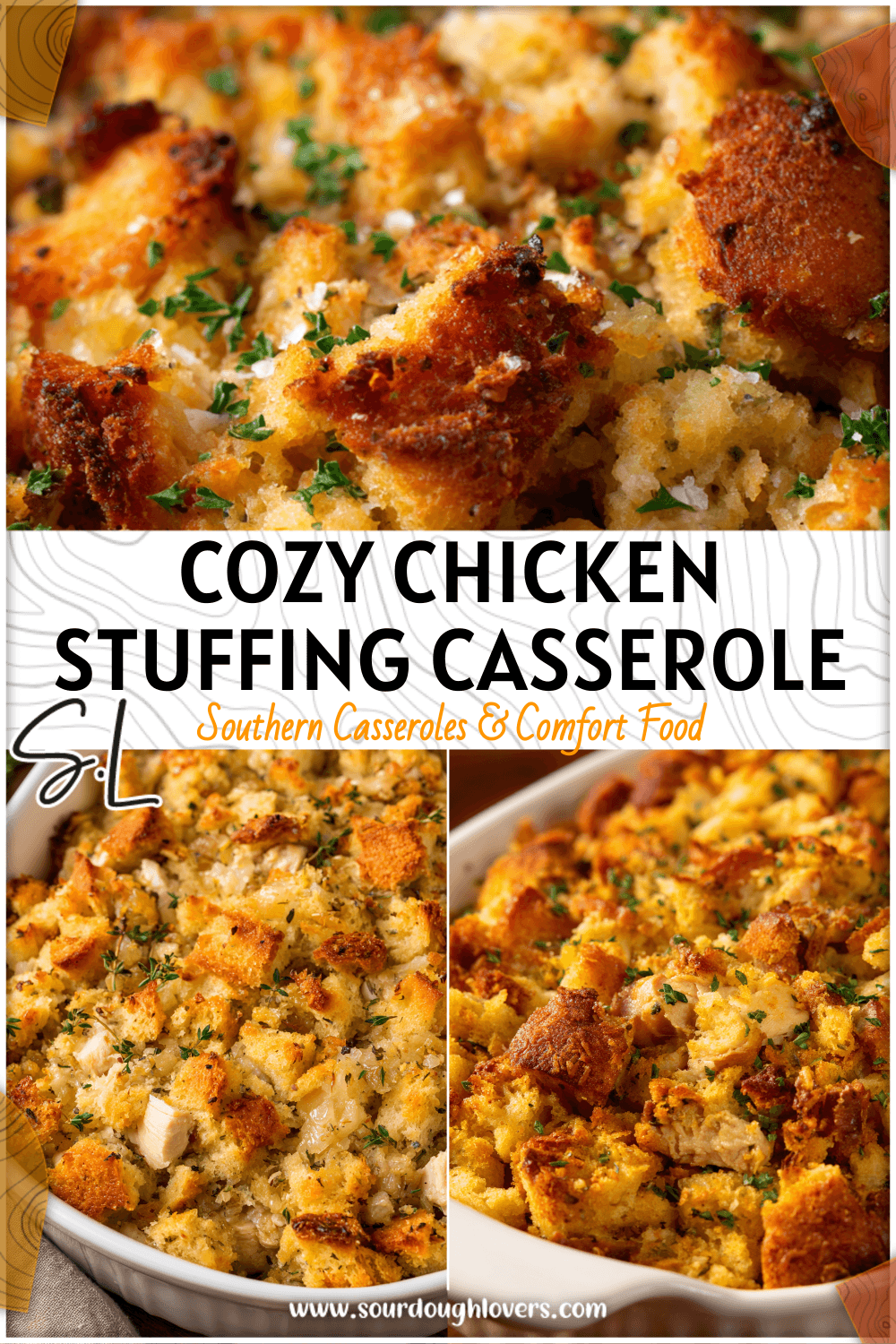 Golden baked chicken and stuffing casserole topped with crispy bread crumbs served in a white dish